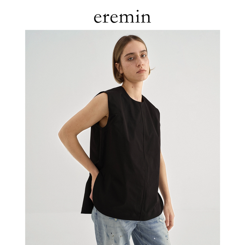 Eremin Lin Moqing/Vertical Cut Vest/Textured and Simple Back Zipper Round Neck Curved Vest
