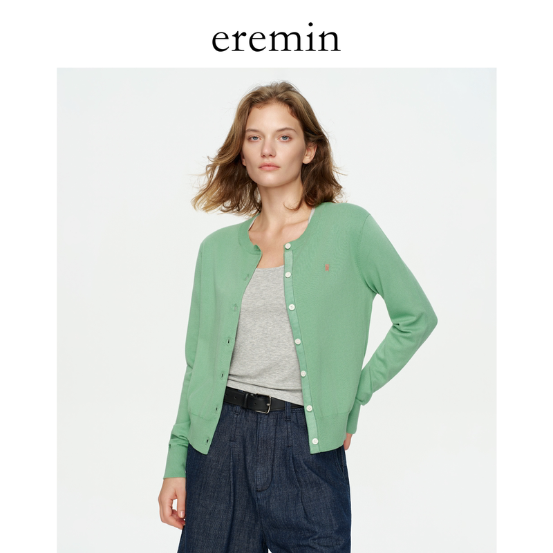 Eremin Lin Moqing/Small Green Cardigan/Embroidered Button-Up Slim Fit Round Neck Knitted Cardigan
