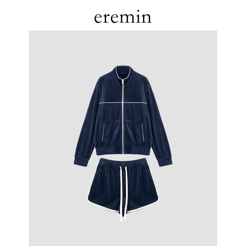 Eremin Lin Moqing/Velvet Suit/Retro Color-Blocking Sports Short Jacket + Shorts Set Eremin Lin Moqing/Velvet Suit/Retro Color-Blocking Sports Short Jacket + Shorts Set
