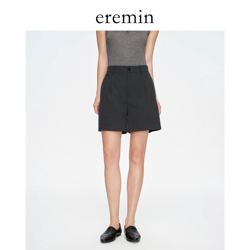 Eremin Lin Moqing/Striped Shorts/Color-Blocked Cuffed Summer Commuter Pleated Versatile Casual Shorts