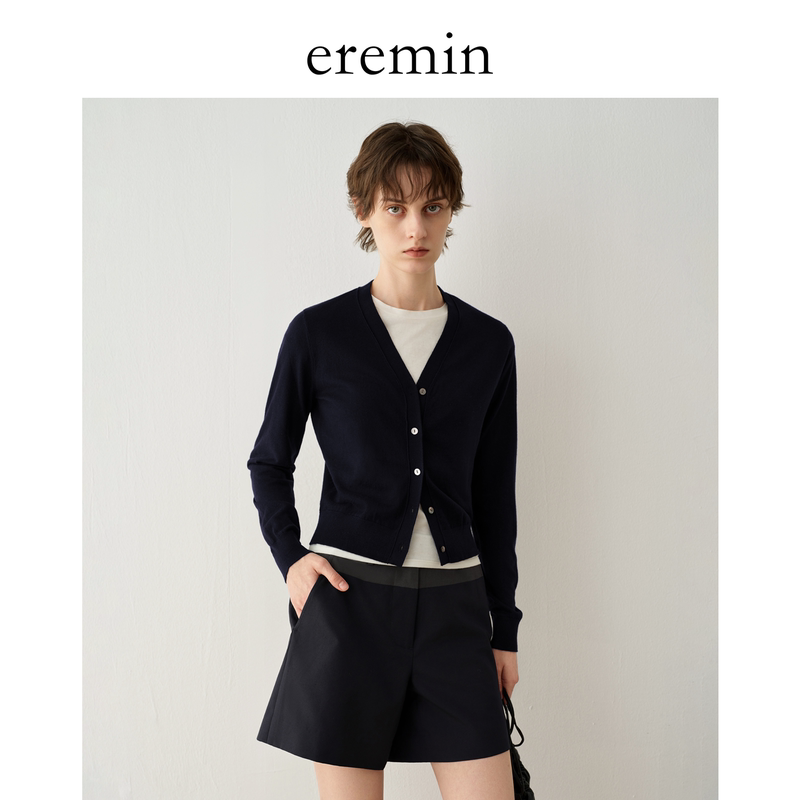Eremin Lin Moqing/Navy Blue V-Neck Cardigan/Spring and Summer Thin Style, Brightening Silk Wool Knit Cardigan