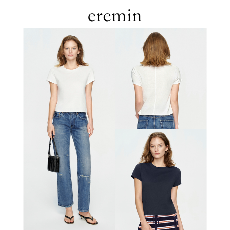 Eremin Lin Moqing/Mid-Seam T-Shirt/Summer Mid-Seam Round Neck Short-Sleeve Solid Color Versatile Regular Shoulder T-Shirt
