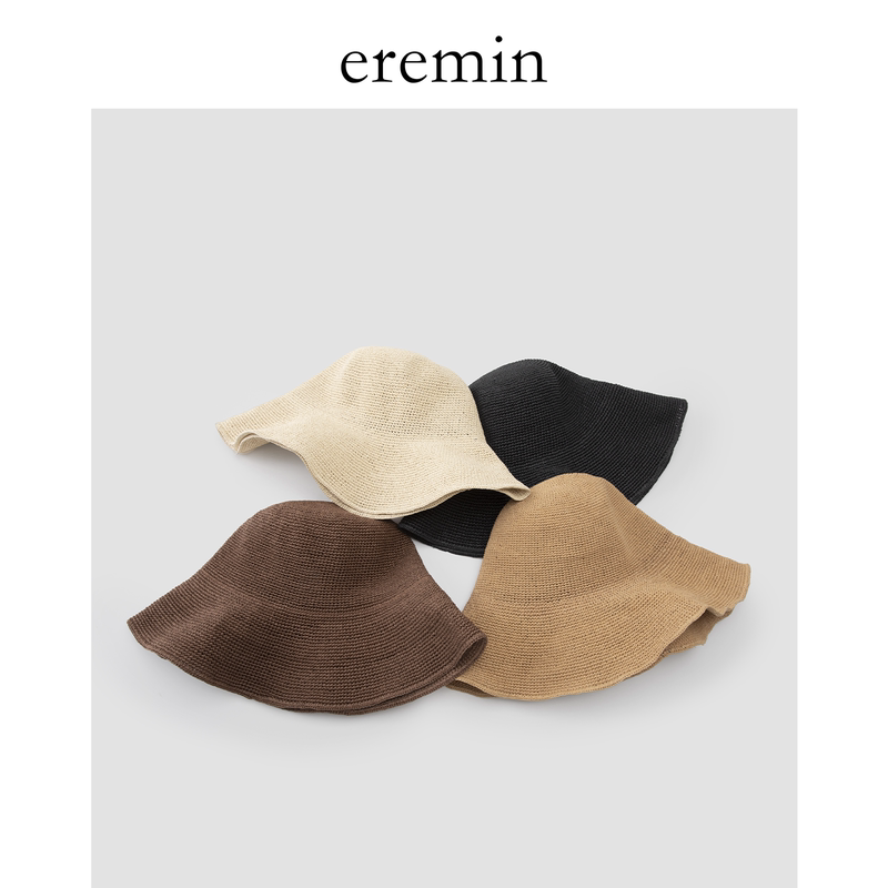 Eremin Lin Moqing/ Handmade Crochet Paper Straw Foldable Sun Hat Classic Versatile Fisherman Hat