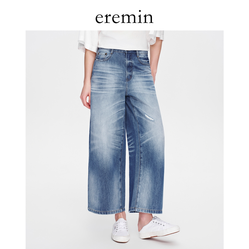 Eremin Lin Moqing/Whiskered Denim/Cotton Vintage Light Blue Distressed Slimming Casual Eight-Point Wide-Leg Jeans Eremin Lin Moqing/Whiskered Denim/Cotton Vintage Light Blue Distressed Slimming Casual Eight-Point Wide-Leg Jeans