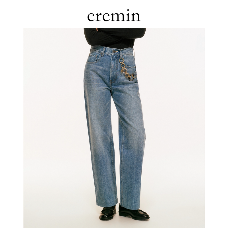 Eremin Lin Moqing/Chain Jeans/26 New Indigo-Dyed Versatile Retro Slimming Casual Straight-Leg Pants Eremin Lin Moqing/Chain Jeans/26 New Indigo-Dyed Versatile Retro Slimming Casual Straight-Leg Pants