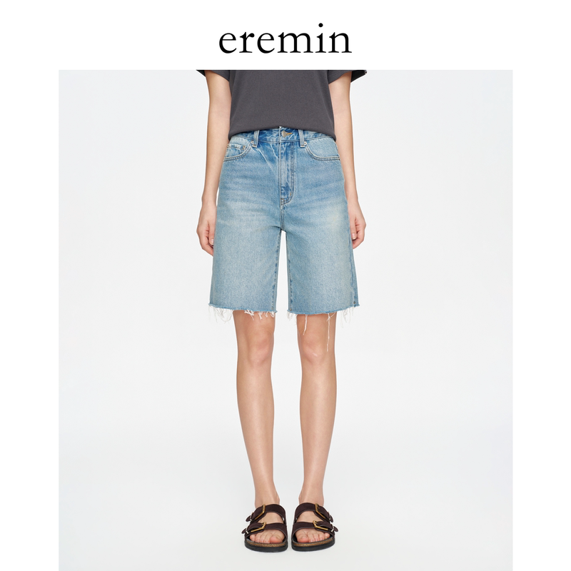 Eremin Lin Moqing/Denim Cycling Shorts/Cotton Vintage Light Blue Washed Frayed Casual Five-Point Denim Shorts