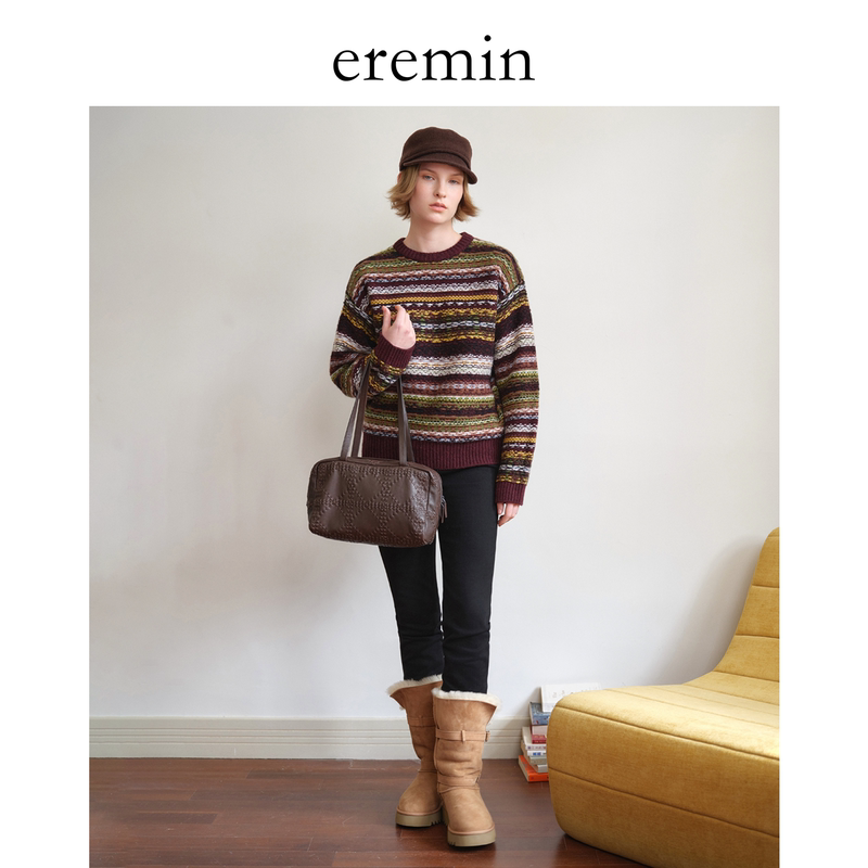 Eremin Lin Moqing/Color Striped Sweater/Fair Isle Chunky Knit Dotted Jacquard All-Wool Sweater