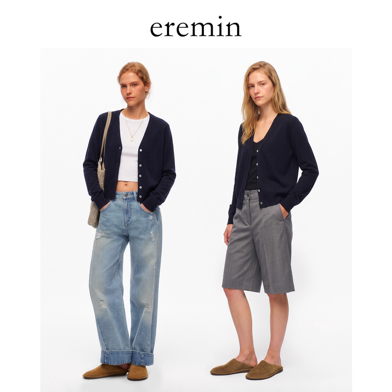 Eremin Lin Moqing/Navy Blue V-Neck Cardigan/Spring and Summer Thin Style, Brightening Silk Wool Knit Cardigan Eremin Lin Moqing/Navy Blue V-Neck Cardigan/Spring and Summer Thin Style, Brightening Silk Wool Knit Cardigan