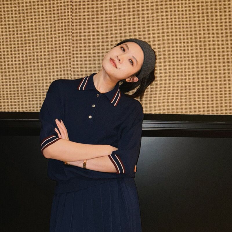 Eremin Lin Moqing/Miao Series Navy Blue Knit/Collage Style Color-Blocked Wool Five-Quarter Sleeve Knitwear