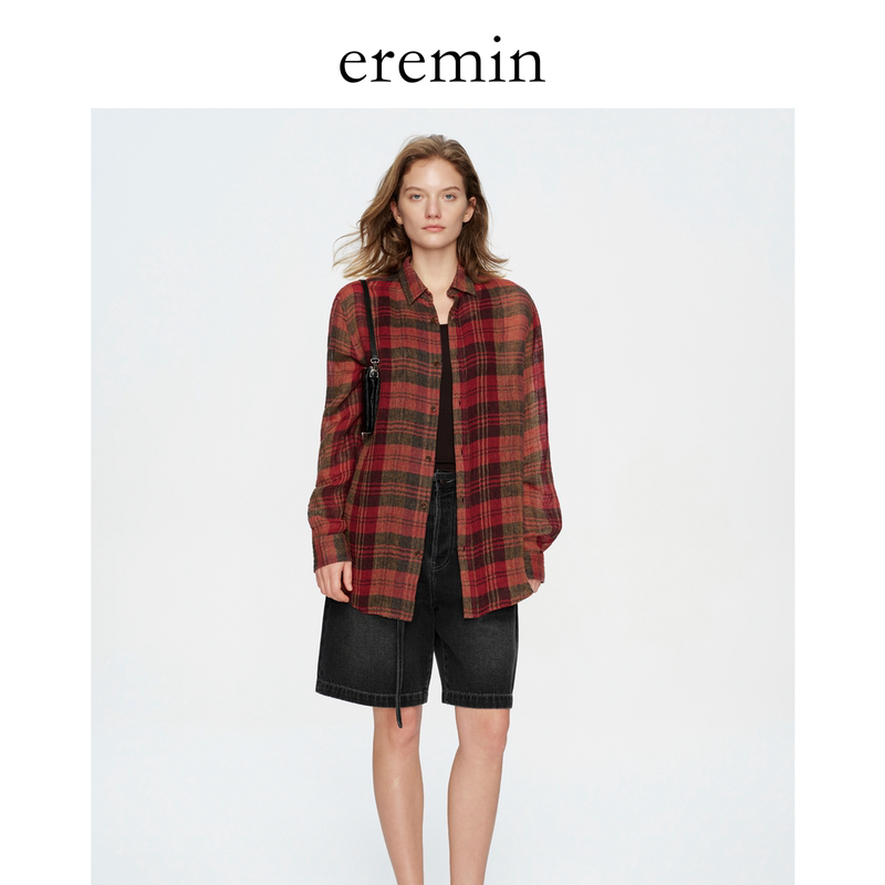 Eremin Lin Moqing/Red Plaid Shirt/All Linen Lightweight Retro Classic Plaid Casual Long-Sleeved Shirt