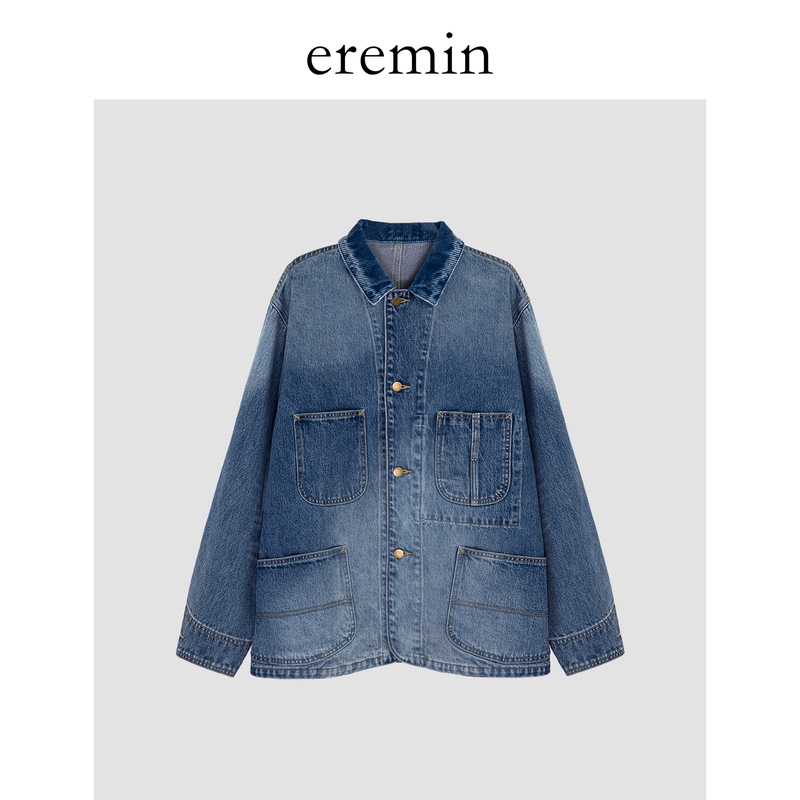 Eremin Lin Moqing/Gradient Denim Jacket/26 Autumn New Vintage Distressed Collar Loose Multi-Pocket Jacket