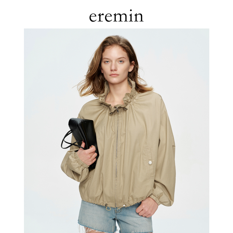 Eremin Lin Moqing/Lace Collar Jacket/Bud Drawstring Short Loose Casual Stand Collar Coat Eremin Lin Moqing/Lace Collar Jacket/Bud Drawstring Short Loose Casual Stand Collar Coat