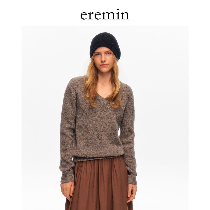 Eremin Lin Moqing/Interwoven Yarn Sweater/26 Autumn All-Wool Retro V-Neck/Round Neck Lazy Style Knitted Long Sleeves