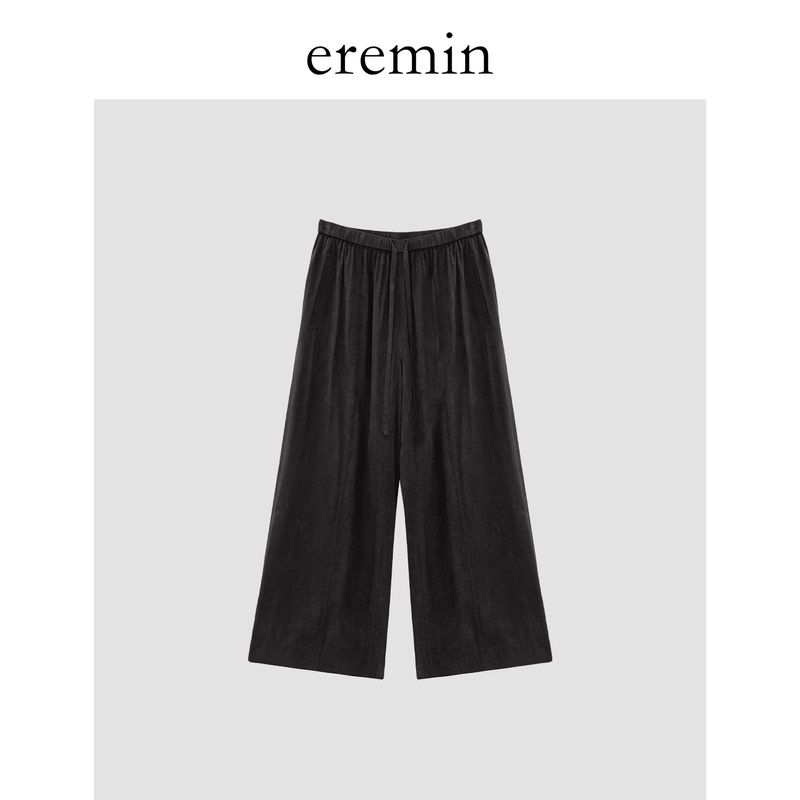 Eremin Lin Moqing/Carbon Gray Cropped Pants/Flowing and Smooth Slimming Elastic Waist Straight Loose Drawstring Casual Pants