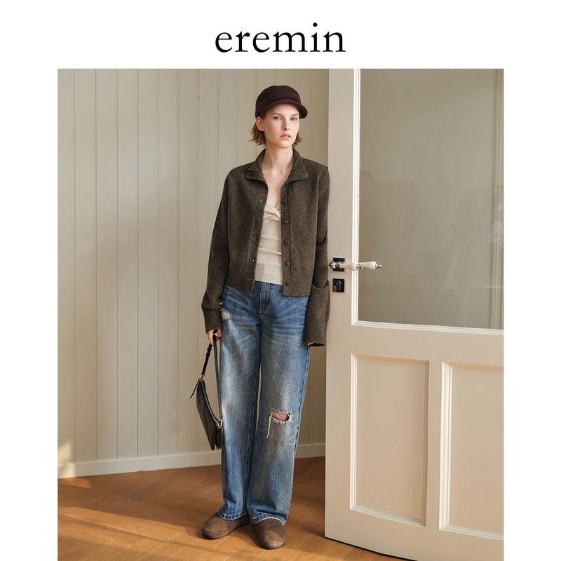 Eremin Lin Moqing/Rolled Edge Sweater/Sheep Wool Relaxed Half-High Collar Buttoned Knitwear Eremin Lin Moqing/Rolled Edge Sweater/Sheep Wool Relaxed Half-High Collar Buttoned Knitwear