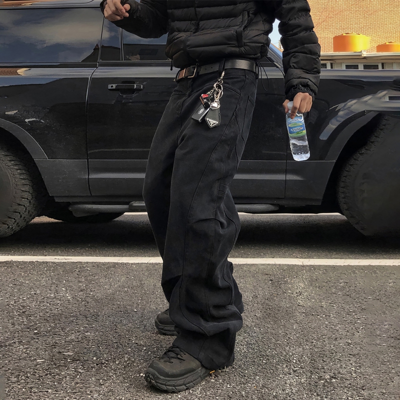 Washed Black Jeans for Men, American Retro Style, Loose Fit, Heavy-Duty Design, Patchwork Wide-Leg Pants, Casual Workwear Long Pants