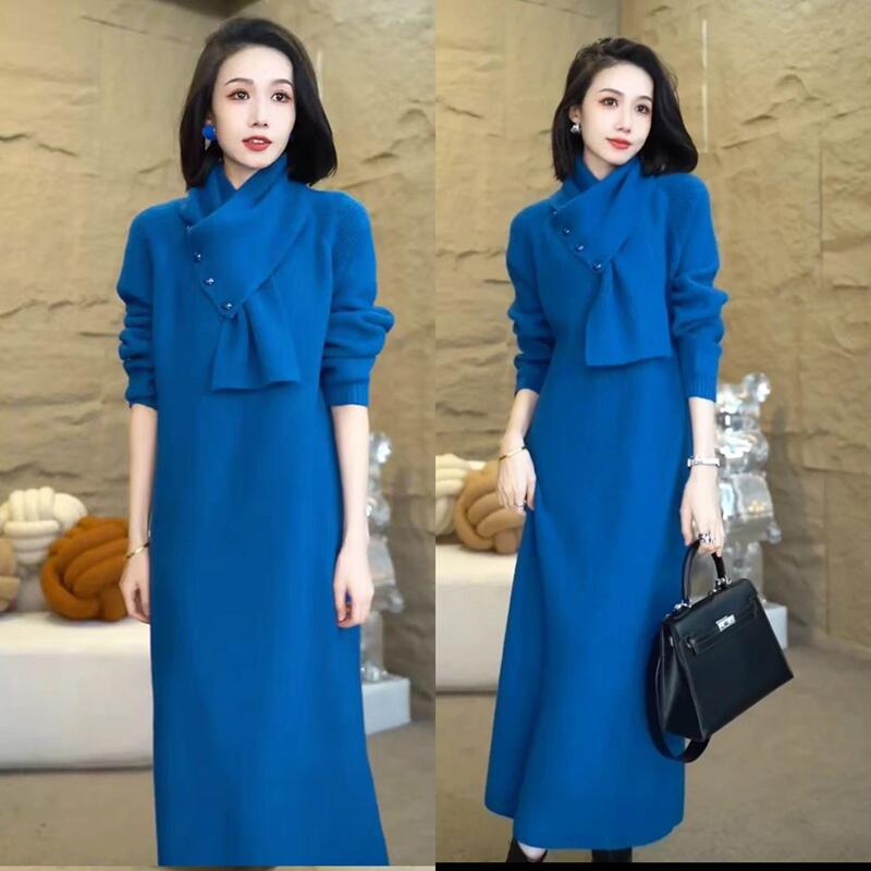 Elegant Knitted Scarf-Style Pullover Design Sweater Dress, Autumn and Winter High-End Mid-Length Over-The-Knee Long Skirt, Thick Base Skirt