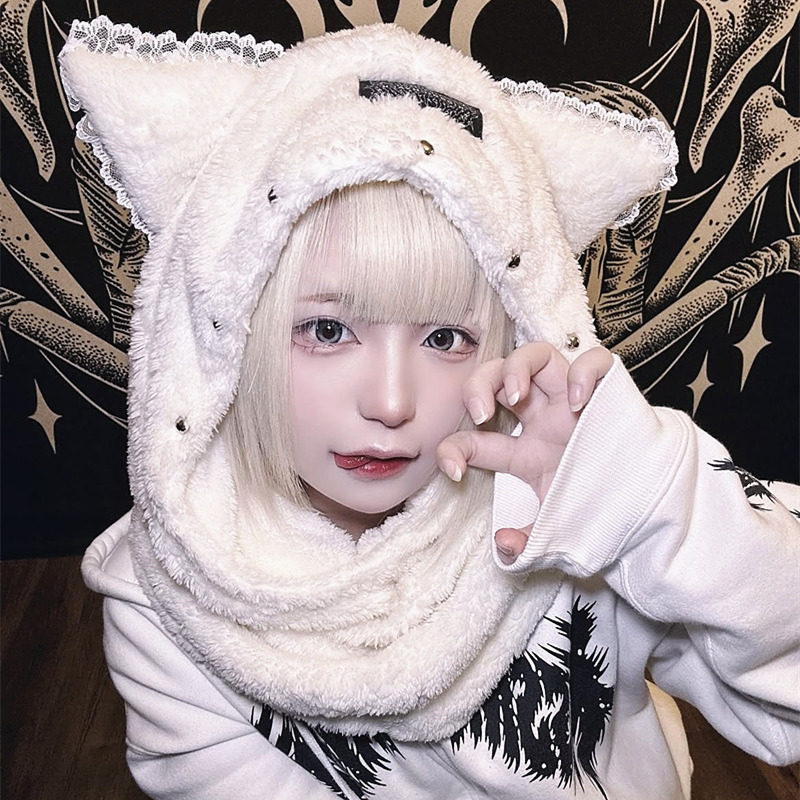 Daily list Harajuku Subculture Chaopai KRY rivet Lace Cat's ear black and white Plush Neckline Hooded that what system