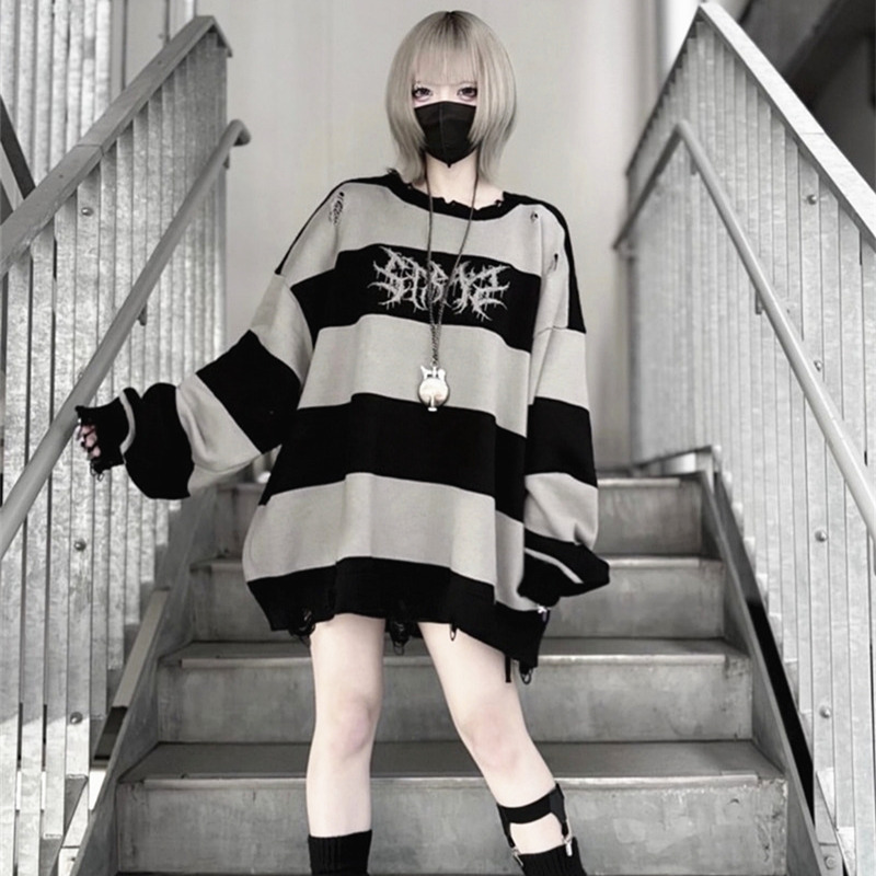 Japanese Harajuku Style Galfy Brand Iron Ring Piercing Dog Black and Gray Striped Ripped Knit Sweater Unisex Men
