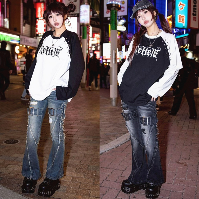 Japanese Harajuku Trendy Brand Reflem Y2K Subculture Denim Blue Skinny Flared Jeans