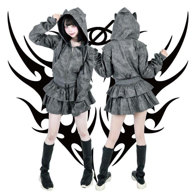 Japanese Harajuku Dark Fashion Brand Kry Popular Pu Leather Detachable Sleeve Cat Ear Hooded Short Jacket and Skirt Set