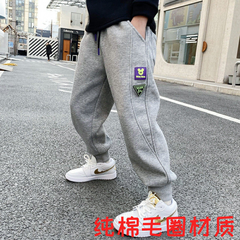 Boy sports pants 2022 new spring and autumn children casual pants plus suede large small and medium boy long pants pure cotton thin