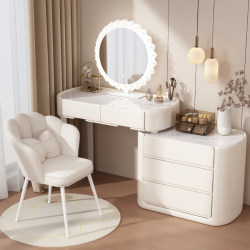 2026 New Model Small Apartment Cream-Style Dressing Table with Integrated Storage Cabinet, Modern Minimalist Solid Wood Makeup Table for Bedroom