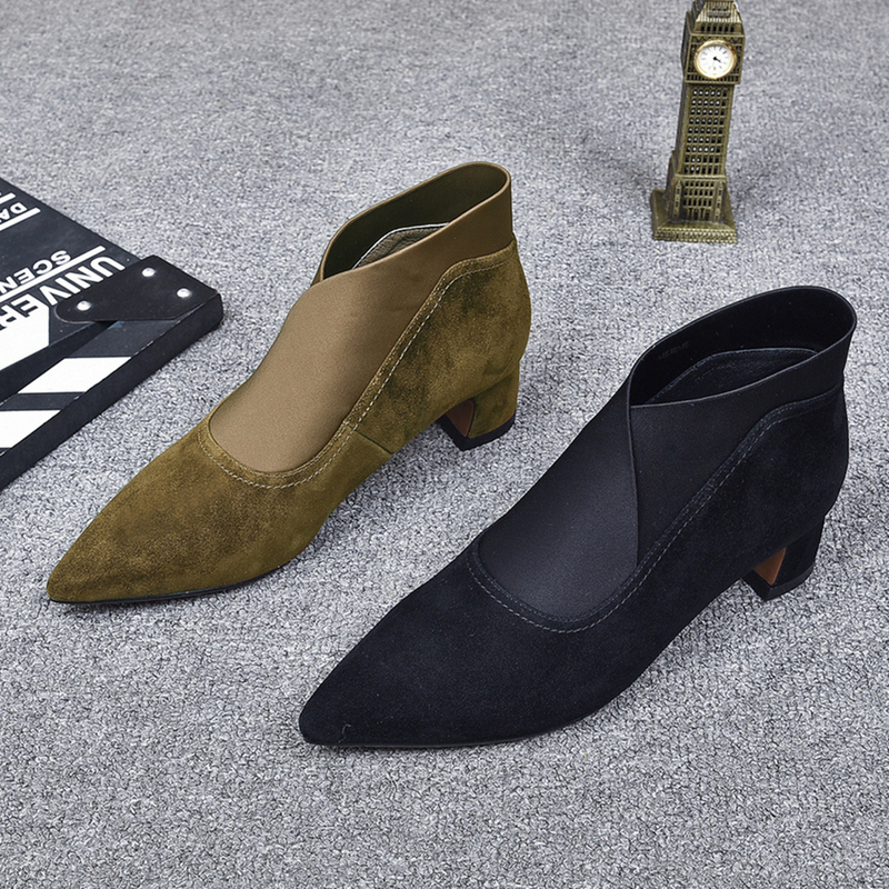 European Women's Shoes 2025 Spring and Autumn New Genuine Leather Pointed Toe Short Boots Women's Chunky Heel Mid-Heel Ankle Boots Single Boots