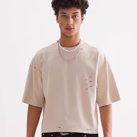 Sgc American Retro Distressed Boxy Short Wide Short-Sleeve Heavyweight Pure Cotton Short Round-Neck Top T-Shirt for Men and Women