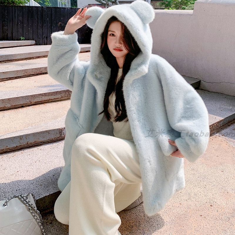 Autumn and Winter Cute Bear Ear Mink Fur Coat for Women with Hood, Young Style, Fashionable Winter Fur Coat Autumn and Winter Cute Bear Ear Mink Fur Coat for Women with Hood, Young Style, Fashionable Winter Fur Coat