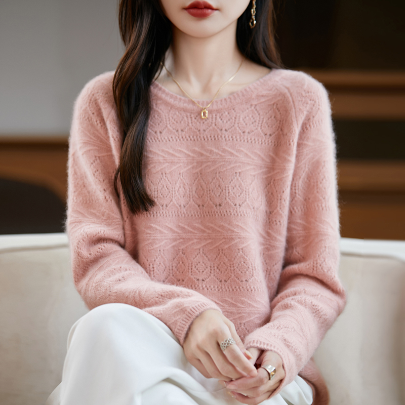 100% Pure Wool Sweater for Women, Pullover, Round Neck, Loose Fit, Hollow Jacquard, Thickened Cashmere Knit Base Shirt Top