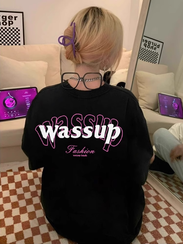 Wassup Summer Trendy Brand Curved Letter Logo Short-Sleeved T-Shirt for Men and Women, Pure Cotton Loose Casual Top