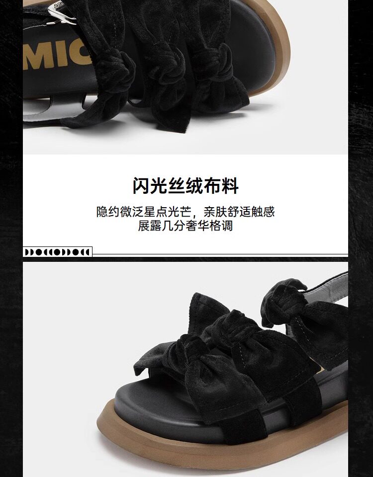 Сандалии mio米奥夏季纯色低跟厚底凉鞋复古丝绒蝴蝶结时尚休闲沙滩鞋女鞋