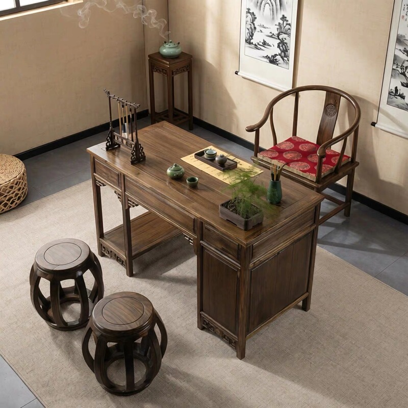 All-Solid Wood Traditional Chinese Medicine Clinic Examination Table with Drawers, Writing Desk, Antique-Style Office Desk, Elm Wood Computer Desk