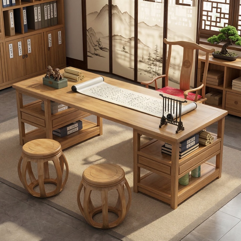 Solid Wood Traditional Chinese Medicine Clinic Table, New Chinese Style Natural Wood Calligraphy Desk, Simple Home Office Desk with Drawers, Writing Desk Solid Wood Traditional Chinese Medicine Clinic Table, New Chinese Style Natural Wood Calligraphy Desk, Simple Home Office Desk with Drawers, Writing Desk