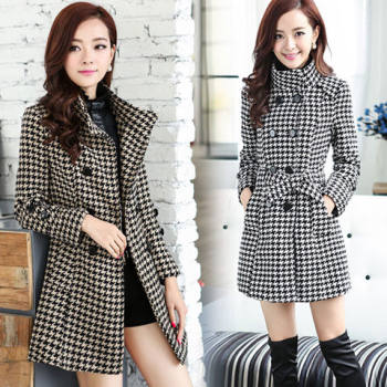 Optional with or without cotton. houndstooth trench coat, double-breasted, slim fit, woolen coat, mid-length women's coat.
