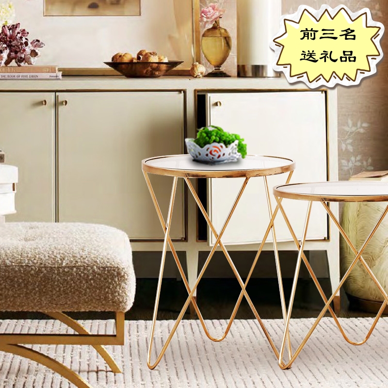 Iron coffee table marble small apartment mini solid wood small round table golden sofa side function
