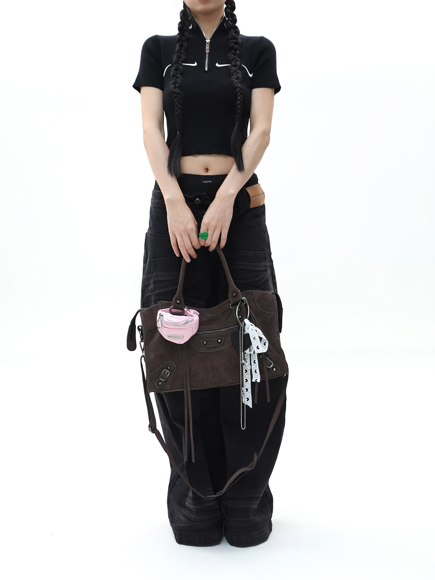 JANDRESS Suede Brown Studded Motorcycle Shoulder Bag