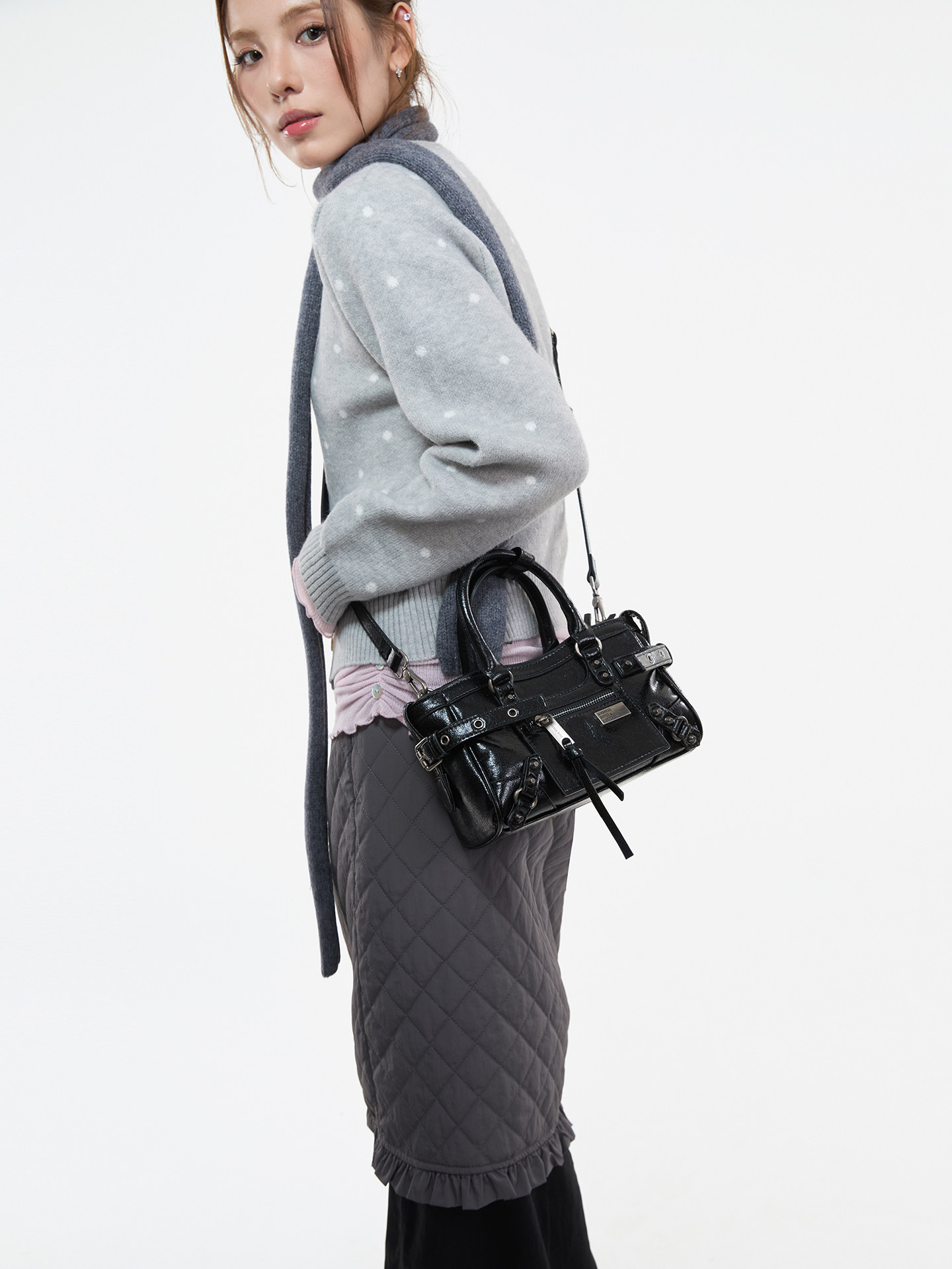 JANDRESS Black PU Leather Zip-Top Studded Mini Crossbody Bag