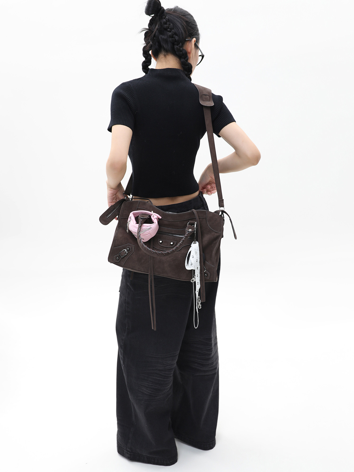 JANDRESS Suede Brown Studded Motorcycle Shoulder Bag