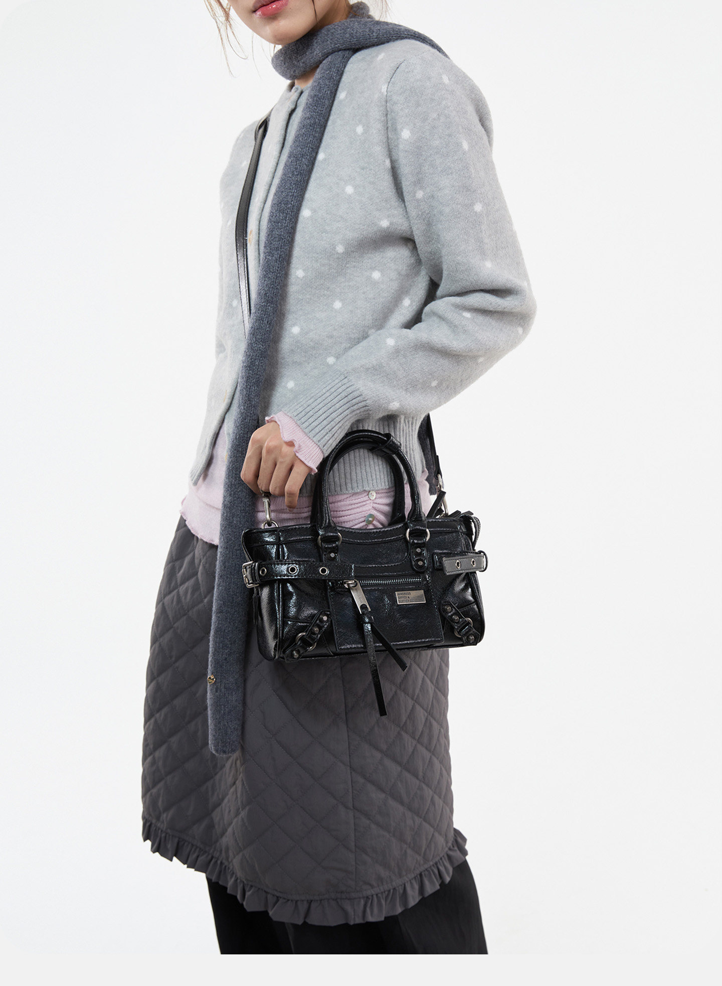 JANDRESS Black PU Leather Zip-Top Studded Mini Crossbody Bag