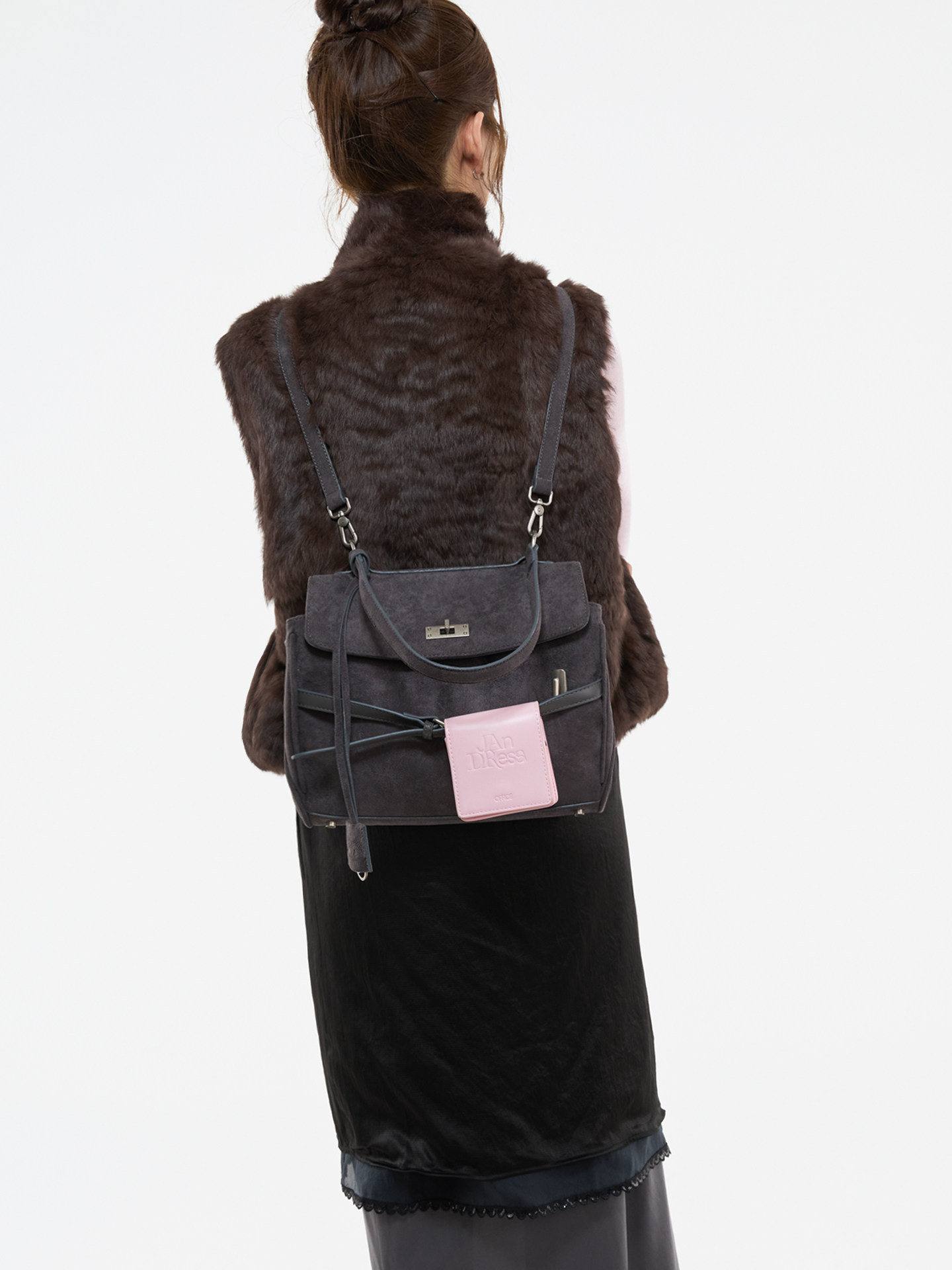 JANDRESS Blue-Grey Suede Clasp Backpack