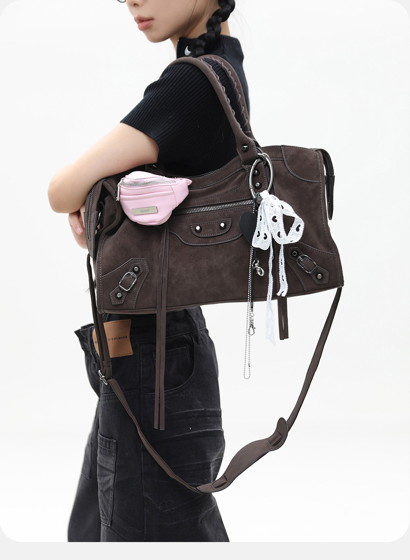 JANDRESS Suede Brown Studded Motorcycle Shoulder Bag