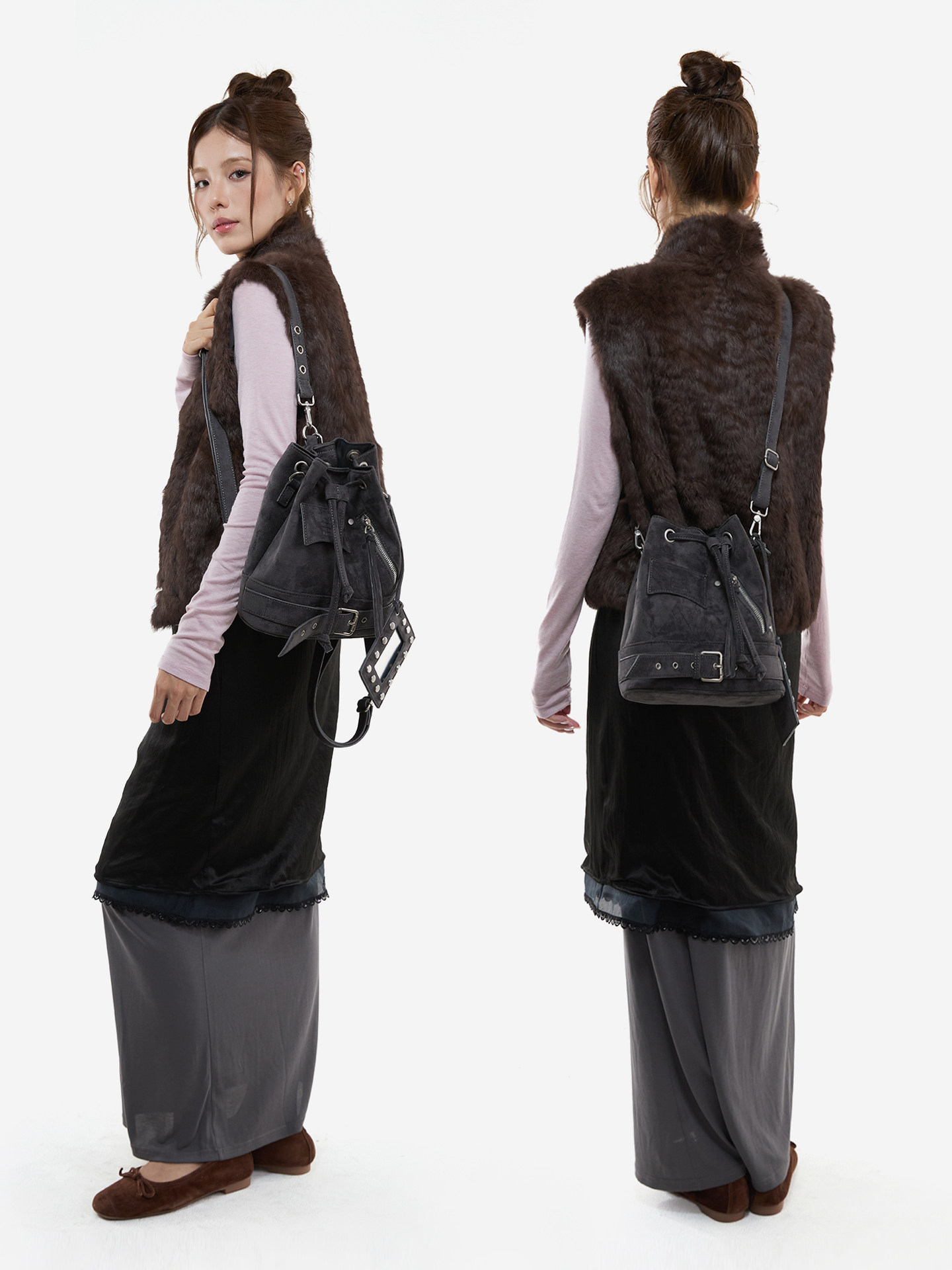 JANDRESS Blue-Grey PU Leather Drawstring Bucket Bag