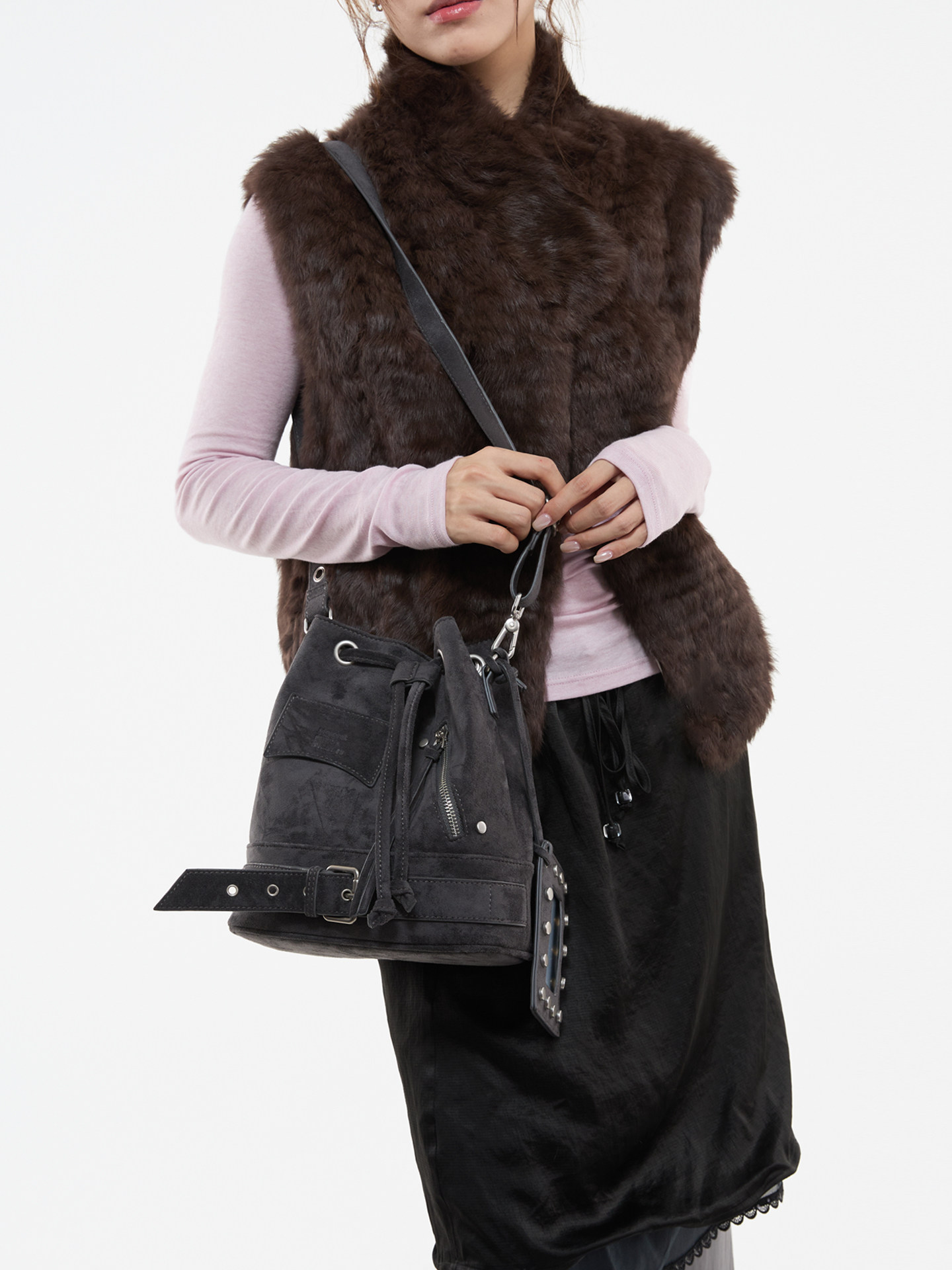 JANDRESS Blue-Grey PU Leather Drawstring Bucket Bag