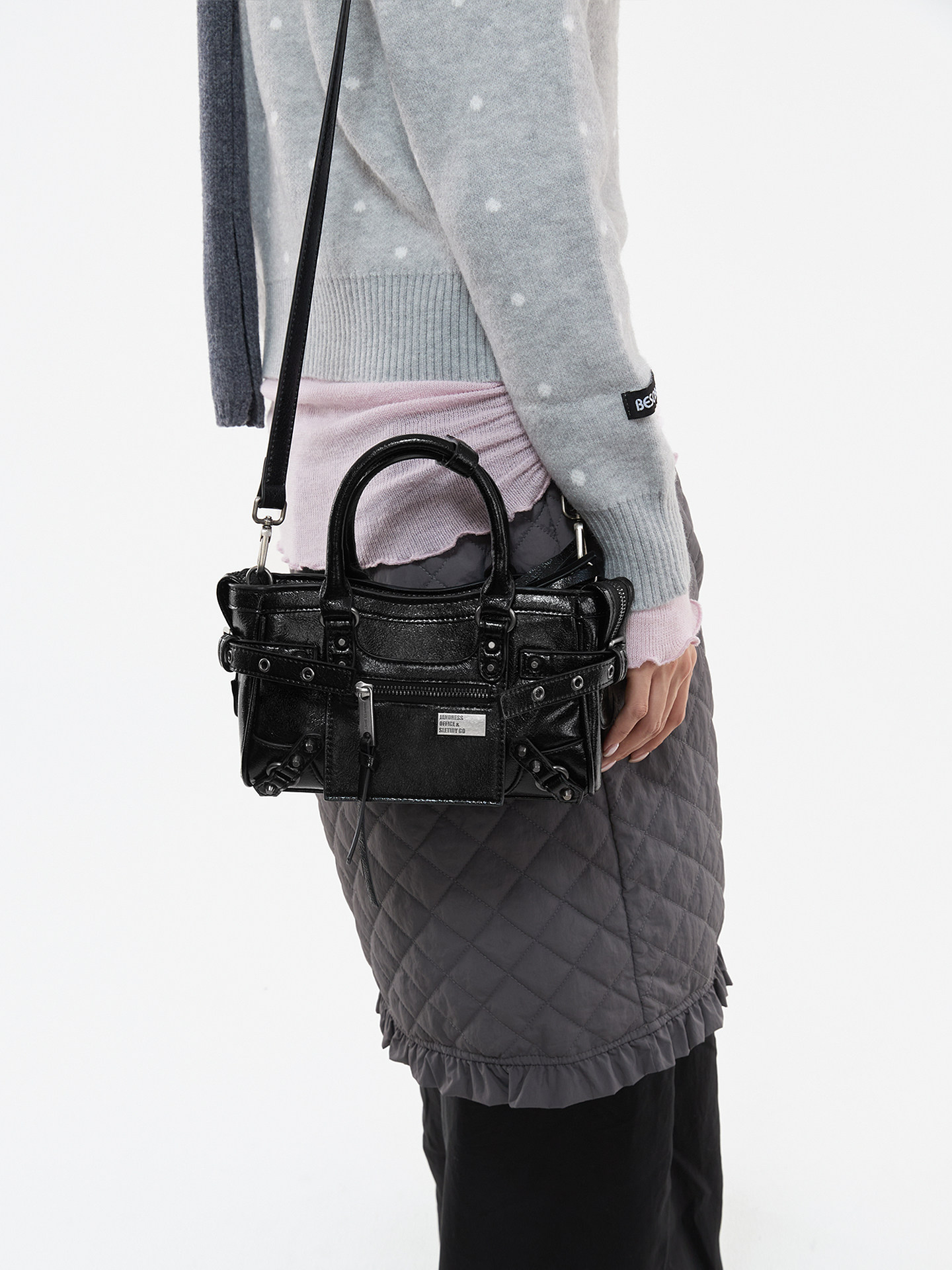JANDRESS Black PU Leather Zip-Top Studded Mini Crossbody Bag