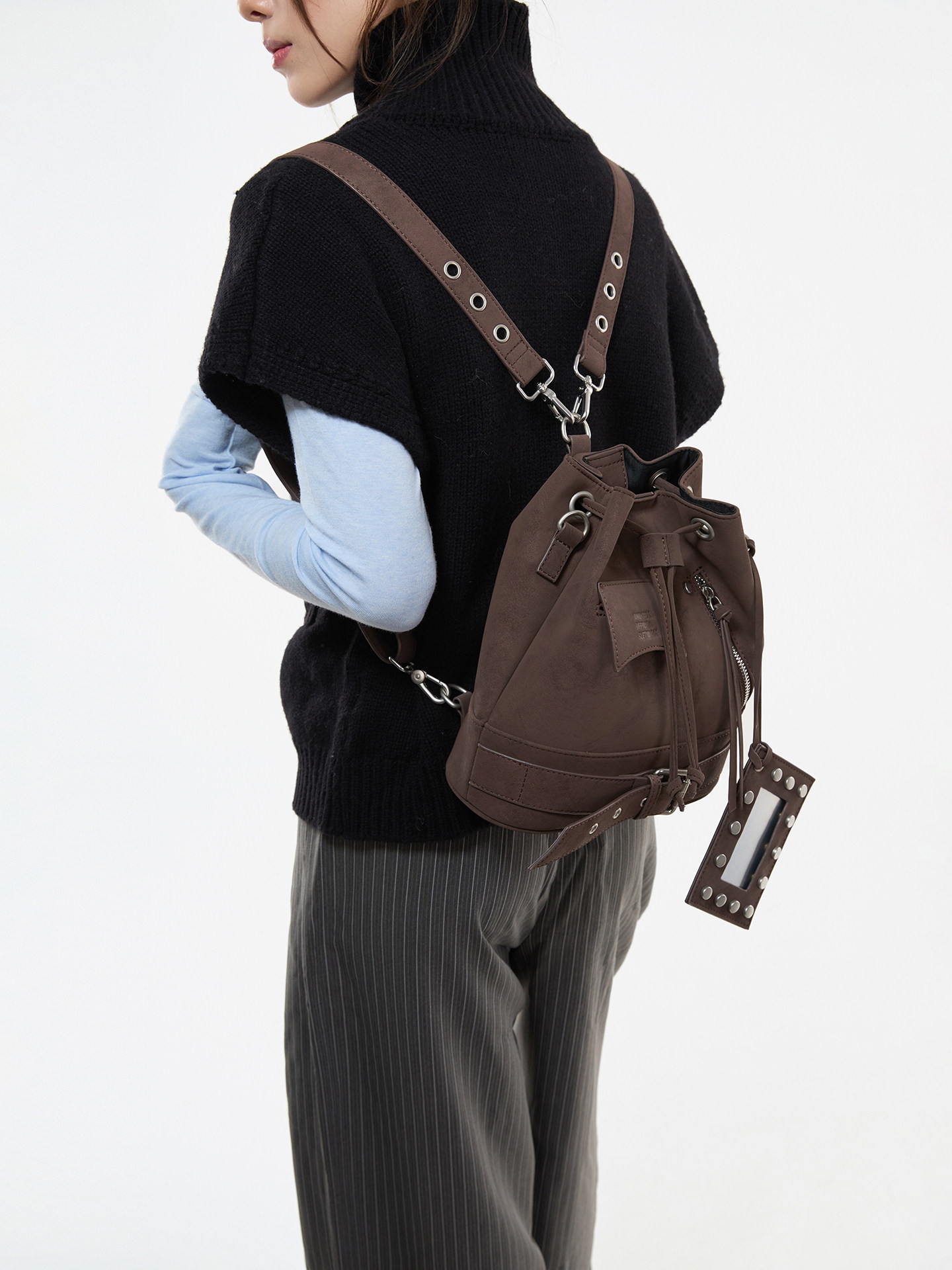 JANDRESS Brown PU Drawstring Bucket Bag
