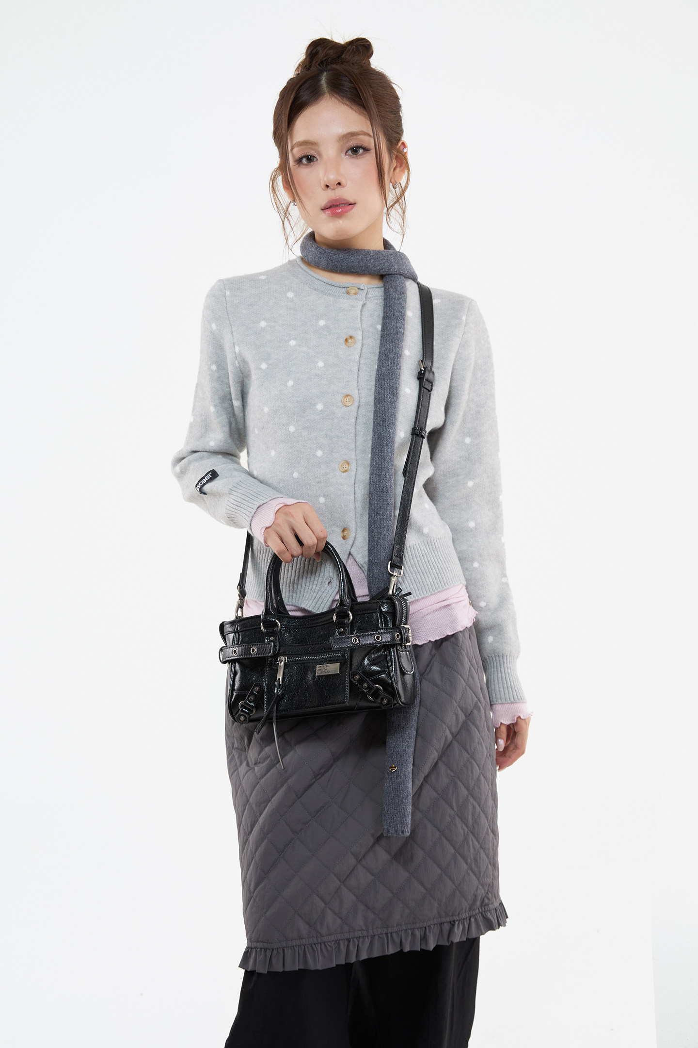 JANDRESS Black PU Leather Zip-Top Studded Mini Crossbody Bag