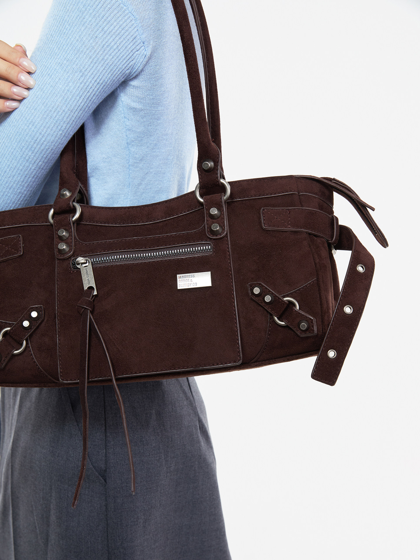 JANDRESS Suede Brown Studded Moto Underarm Bag
