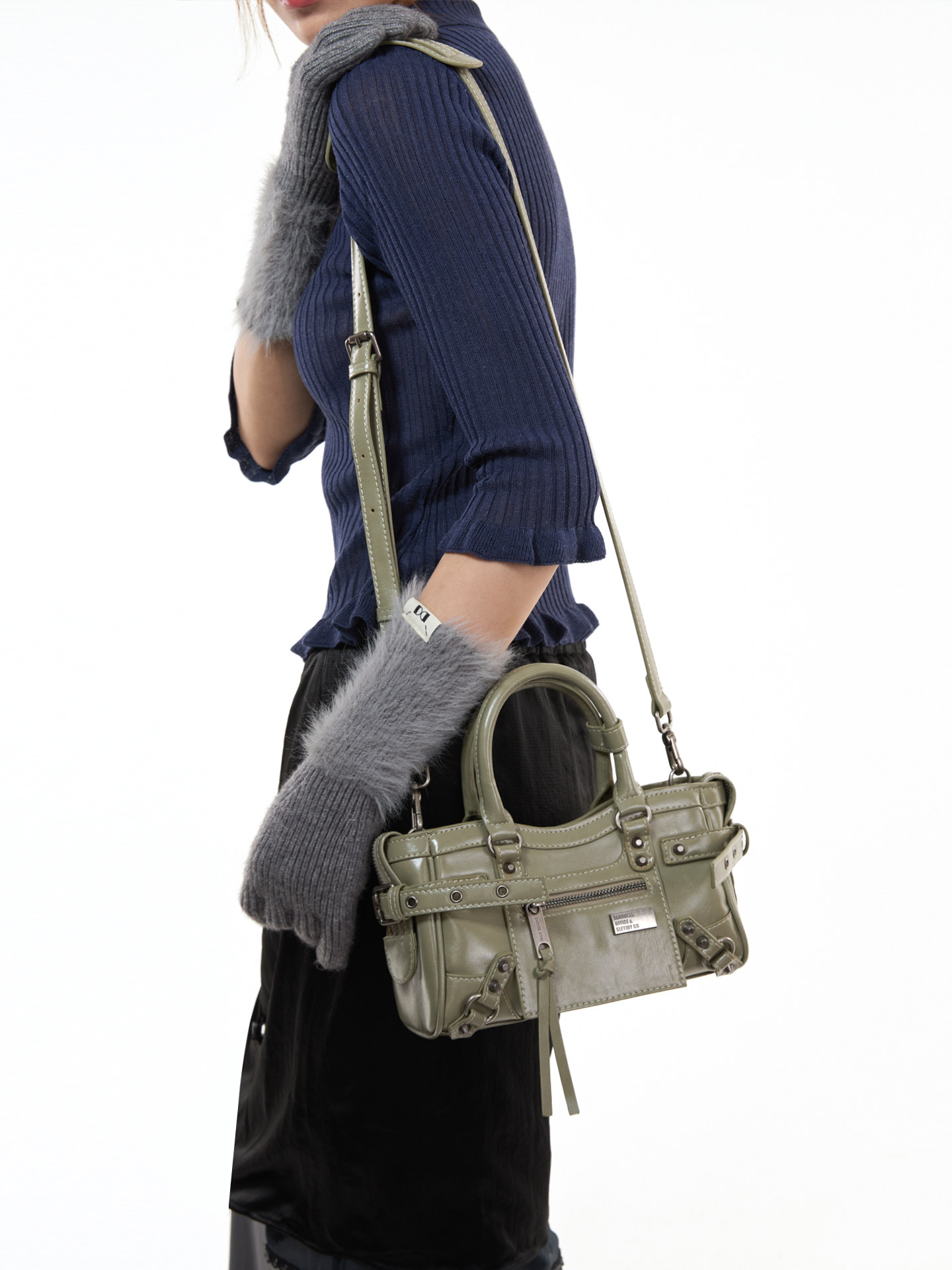 JANDRESS Sage Green Faux Leather Studded Mini Crossbody Bag - Zip-Top